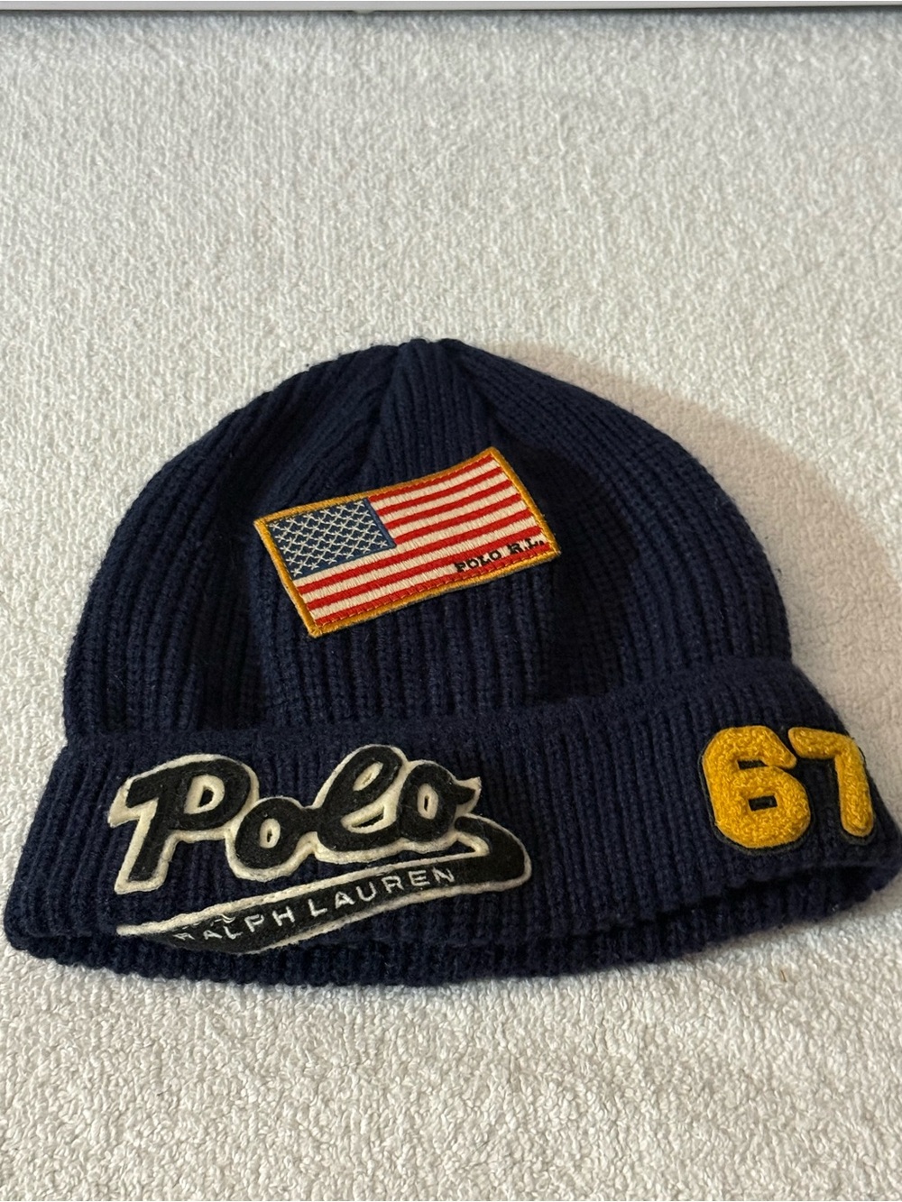 POLO Ralph Lauren Men’s USA FLAG PATCH BEANIE Varsity 67 Heavy Knit BLACK EUC